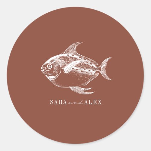 Line Art Fish Terracotta Beach Wedding Classic Round Sticker