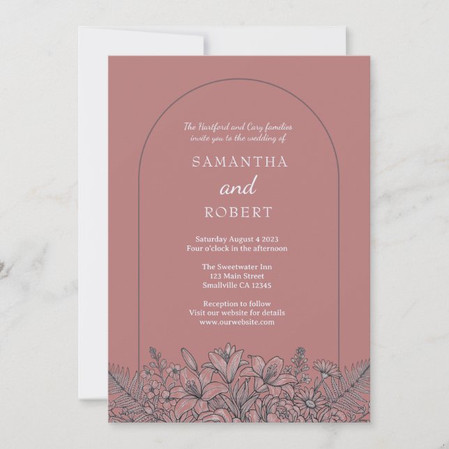 Line Art Floral Dusty Pink Wedding  Invitation (Front)