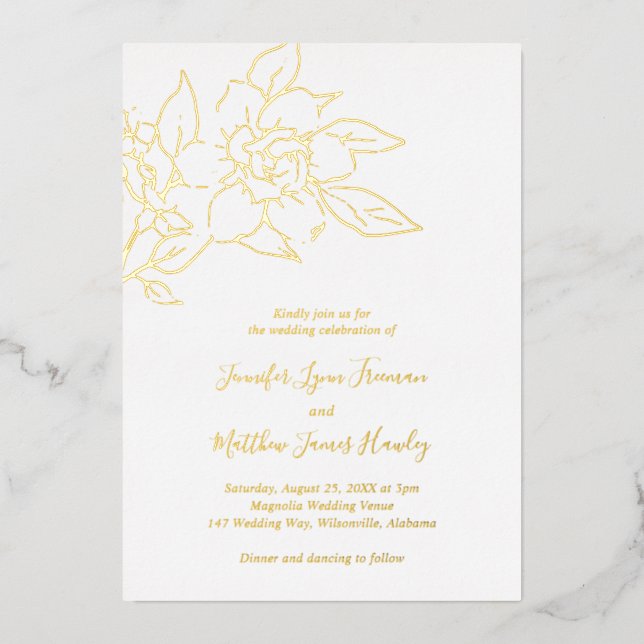 Line Art Floral Elegant Wedding Foil Invitation (Front)
