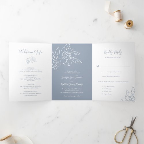 Line Art Floral Photo Dusty Blue Elegant Wedding Tri_Fold Invitation
