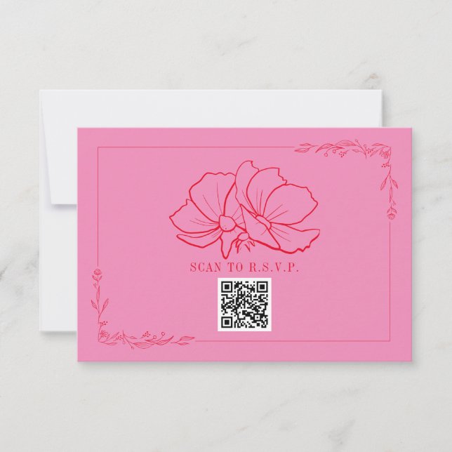 Line Art Floral Pink + Red Wedding RSVP Card (Front)