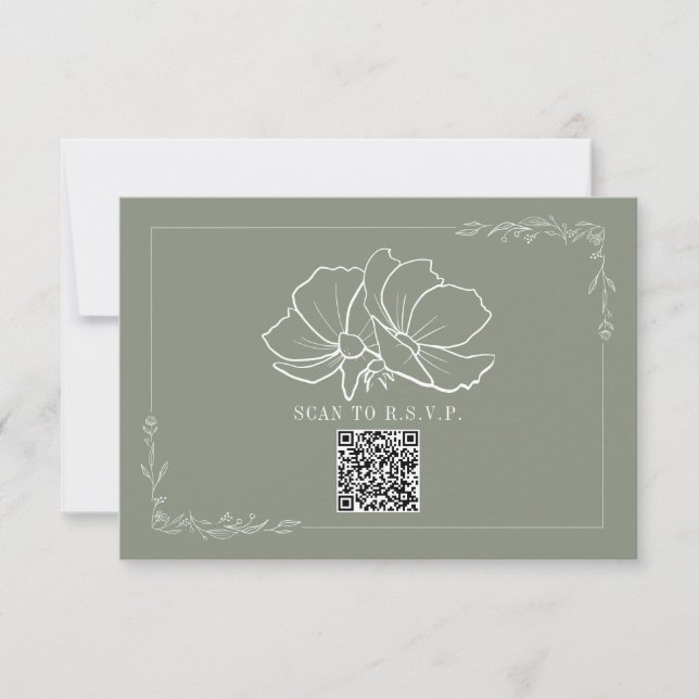 Line Art Floral Sage Green Wedding RSVP Card (Front)