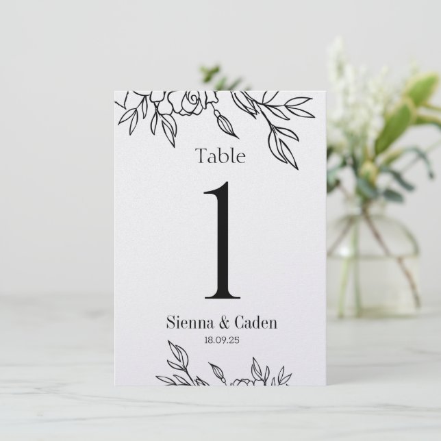 Line Art Floral Wedding Pearl Shimmer Table Number (Standing Front)