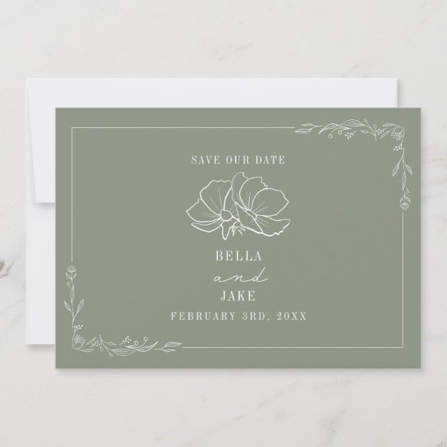 Line Art Floral Wedding Sage Green Save The Date (Front)