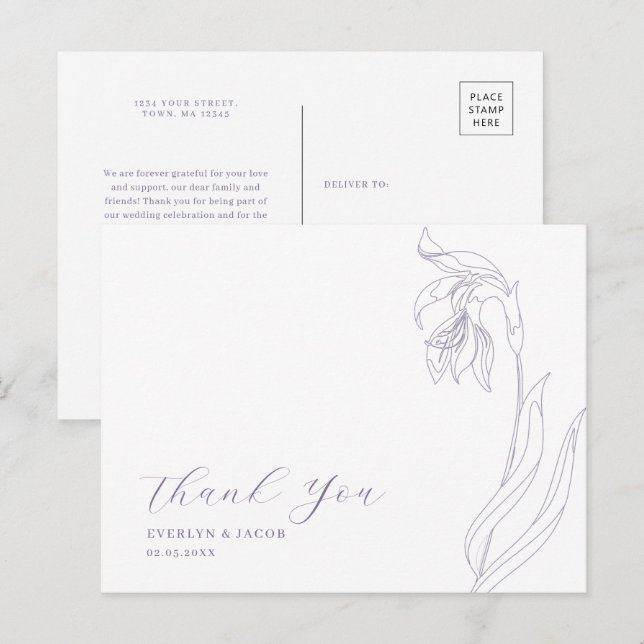 Line art flower Lavender Thank You postcard (Front/Back)
