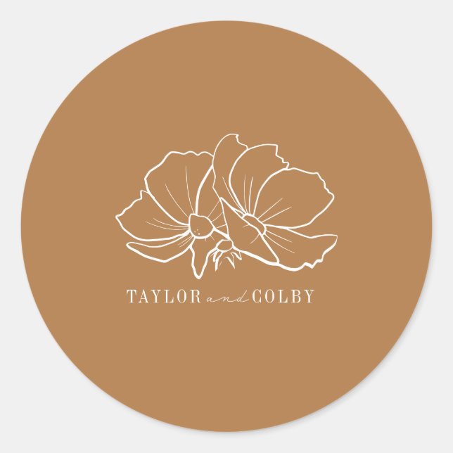 Line Art Flowers Goldenrod Wedding Classic Round Sticker (Front)