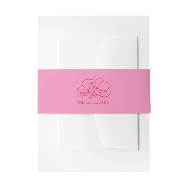 Line Art Flowers Pink + Red Wedding Invitation Belly Band (Front Example)