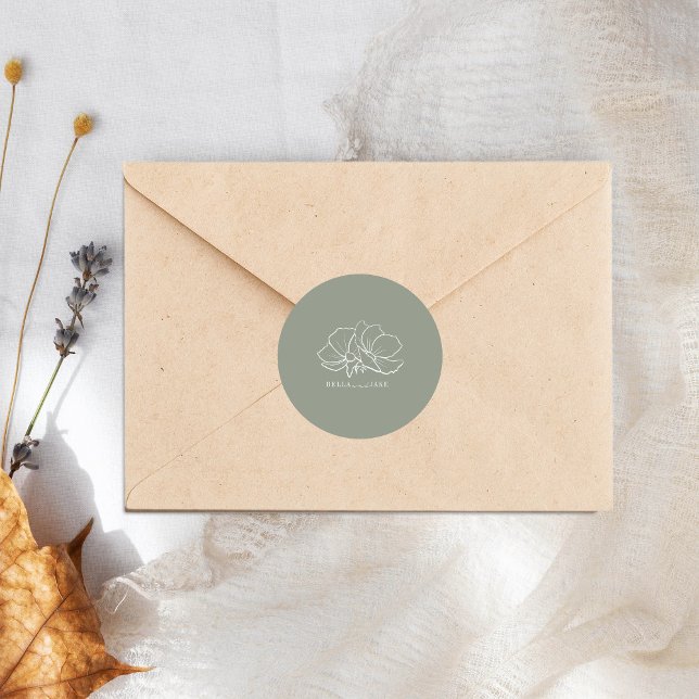 Line Art Flowers Sage Green Wedding Classic Round Sticker (Creator Uploaded)