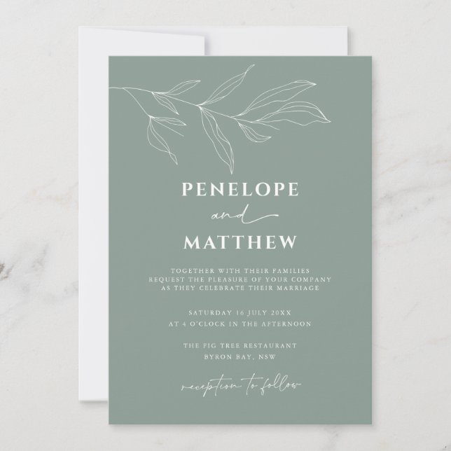 Line Art Foliage Leaf Sage Wedding Invitation (Front)