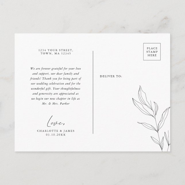 Line Art Foliage Leaf Thank You postcard (Back)