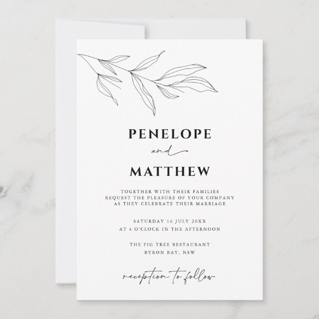 Line Art Foliage Leaf Wedding Invitation (Front)