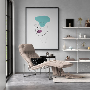 Line art girl face with minimalist abstract poster