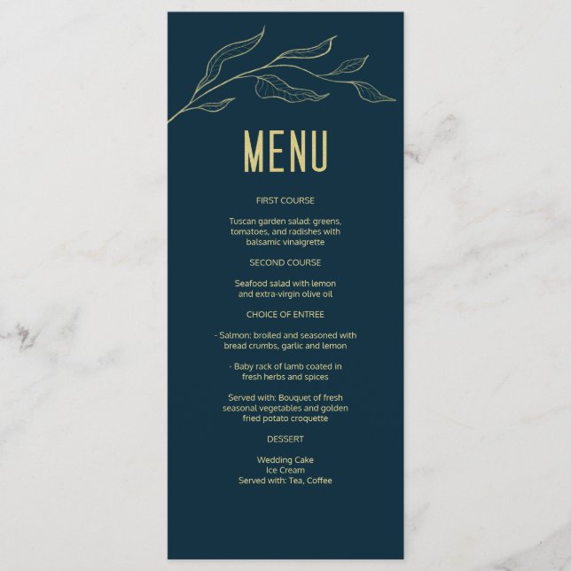 Line Art Gold Leaves Deep Blue Elegant Wedding Menu (Front)