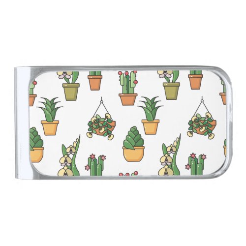 Line Art Houseplants Vintage Seamless Silver Finish Money Clip