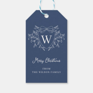 Line art mistletoe blue & white Christmas crest Gift Tags