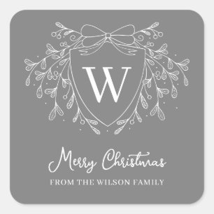 Line art mistletoe grey & white Christmas crest Square Sticker