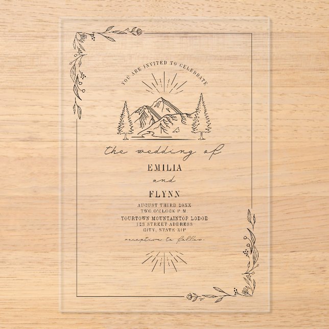 Line Art Mountain Floral Rustic Wedding Acrylic Invitations (Front)