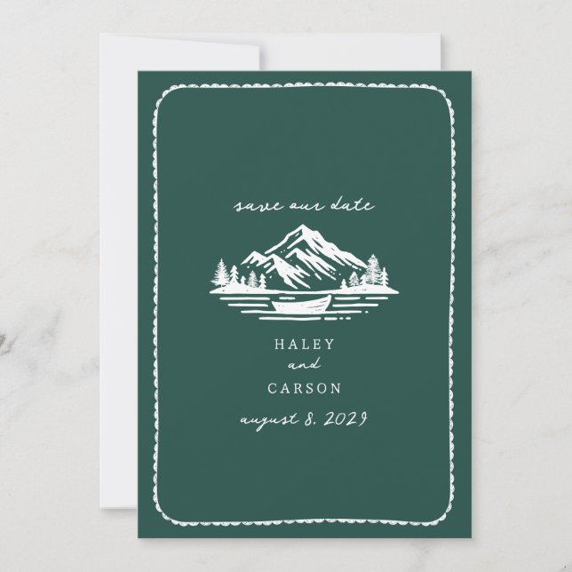 Line Art Mountains Canoe Emerald Wedding Save The Date (Front)