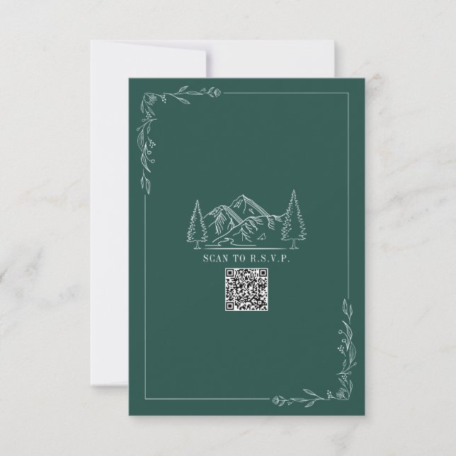Line Art Mountains Emerald QR Code Wedding RSVP Card (Front)
