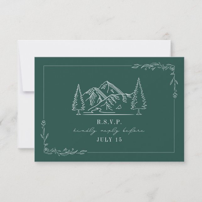 Line Art Mountains Teal Wedding RSVP Card (Front)