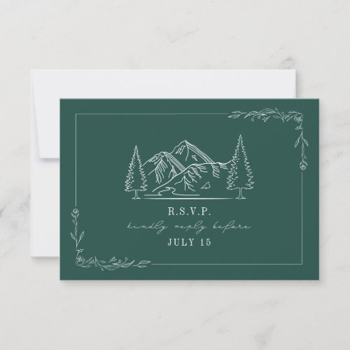 Line Art Mountains Teal Wedding RSVP Card