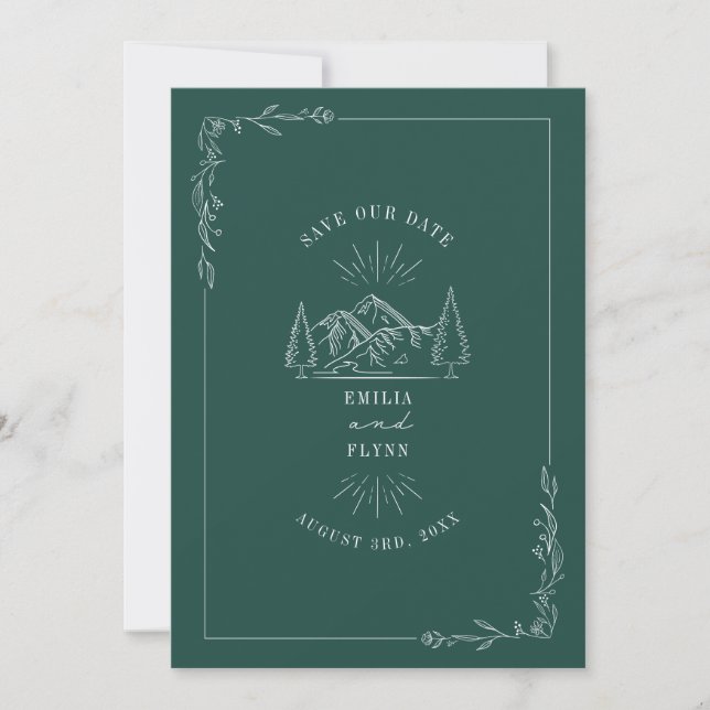 Line Art Mountains Teal Wedding Save The Date (Front)