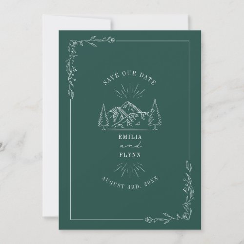 Line Art Mountains Teal Wedding Save The Date