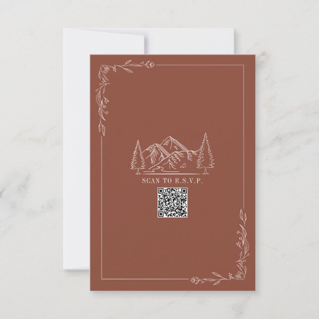 Line Art Mountains Terracotta QR Code Wedding RSVP Card (Front)