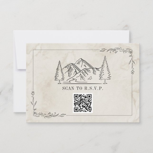 Line Art Mountains Watercolor QR Code Wedding RSVP (Front)