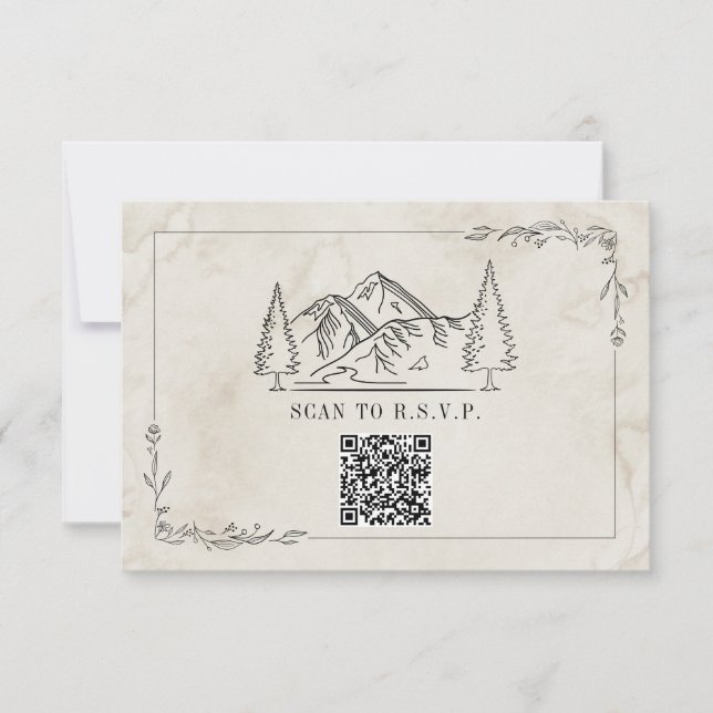 Line Art Mountains Watercolor QR Code Wedding RSVP Card (Front)