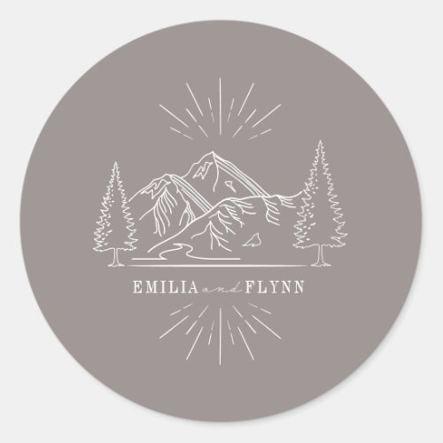 Line Art Mountains Wedding Amethyst Wedding Classic Round Sticker