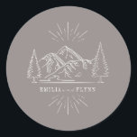 Line Art Mountains Wedding Amethyst Wedding Classic Round Sticker<br><div class="desc">Illustration of mountains with evergreen trees.  Background is amethyst</div>
