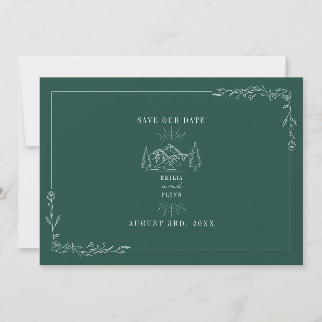 Line Art Mountains Wedding Emerald Save The Date (Front)