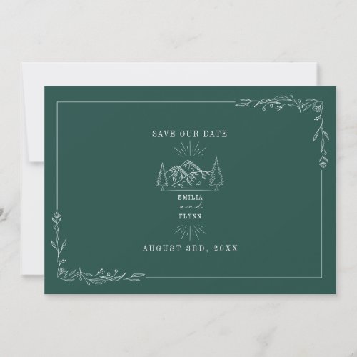 Line Art Mountains Wedding Emerald Save The Date