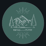 Line Art Mountains Wedding Emerald Wedding Classic Round Sticker<br><div class="desc">Illustration of mountains with evergreen trees.  Background is emerald green.</div>