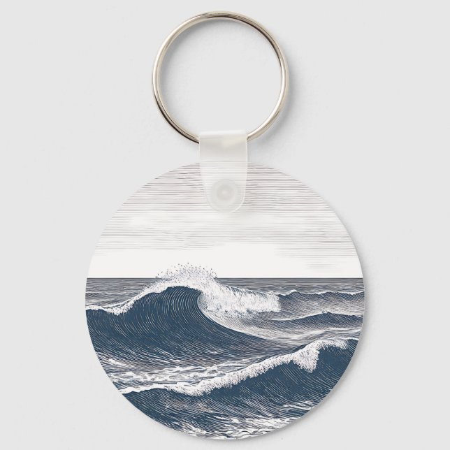 Line Art Ocean Wave Monochrome Surge Keychain (Front)