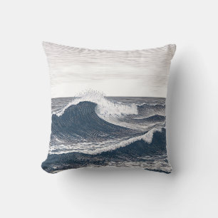 Line Art Ocean Wave Monochrome Surge Throw Pillow