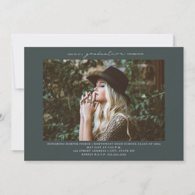Line Art Photo Emerald Graduation Party Invitation (Front)