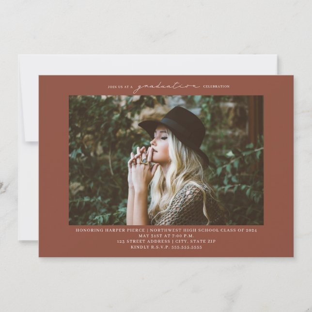 Line Art Photo Terracotta Graduation Party  Invitation (Front)