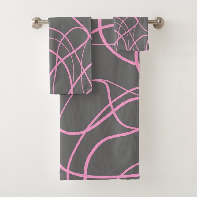 Line Art: Pink on Gray Bath Towel Set (Insitu)