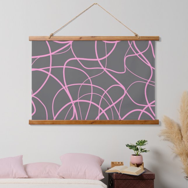 Line Art: Pink on Gray Hanging Tapestry (Bedroom)