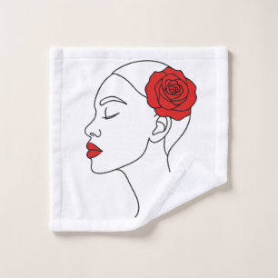Line Art Portrait of a Woman with Red Rose Towel