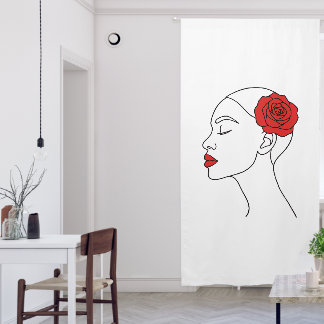 Line Art Portrait of Woman with Red Rose Blackout Curtains