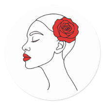 Line Art Portrait of Woman with Red Rose
