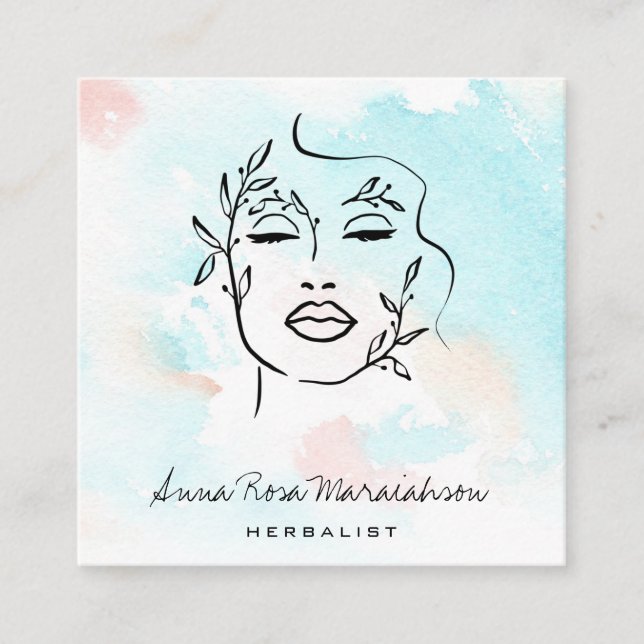 *~* Line Art QR Botanical Woman Greenery Square Business Card (Front)