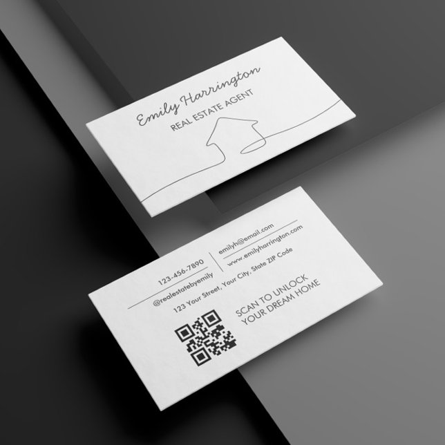 Line Art QR Code Neutral Real Estate Agent Business Card (Creator Uploaded)