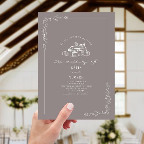 Line Art Rustic Barn Amethyst Wedding  Invitation