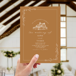 Line Art Rustic Barn Goldenrod Wedding  Invitation