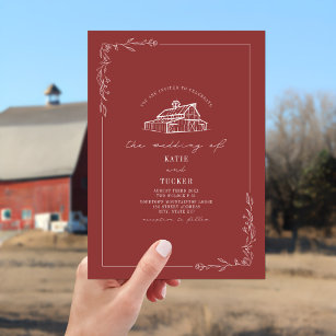 Line Art Rustic Barn Muted Red Wedding  Invitation