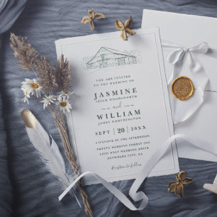 Line Art Rustic Barn Sage Green Elegant Wedding Invitation